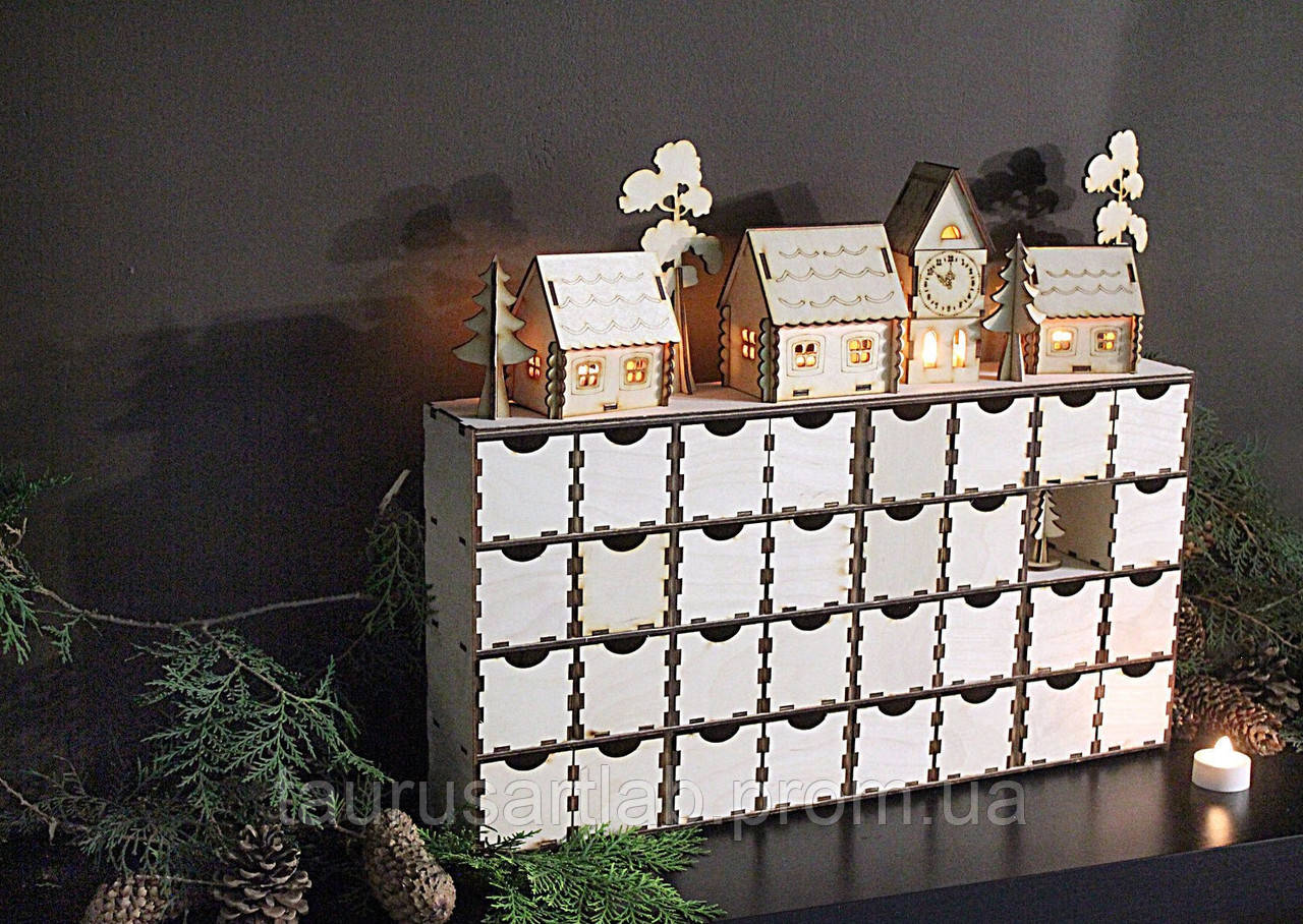 Деревянный адвент-календарь, рождественский календарь с декором на 31 