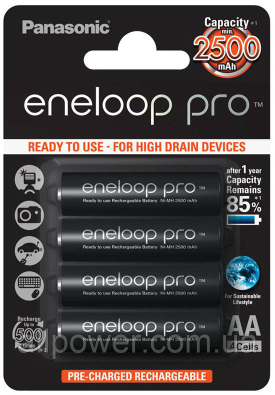 

Panasonic Eneloop Pro 2600 mAh (min 2500 mAh) BK-3HCDE/4BE в блистере. (AA). Цена за уп. 4 шт.