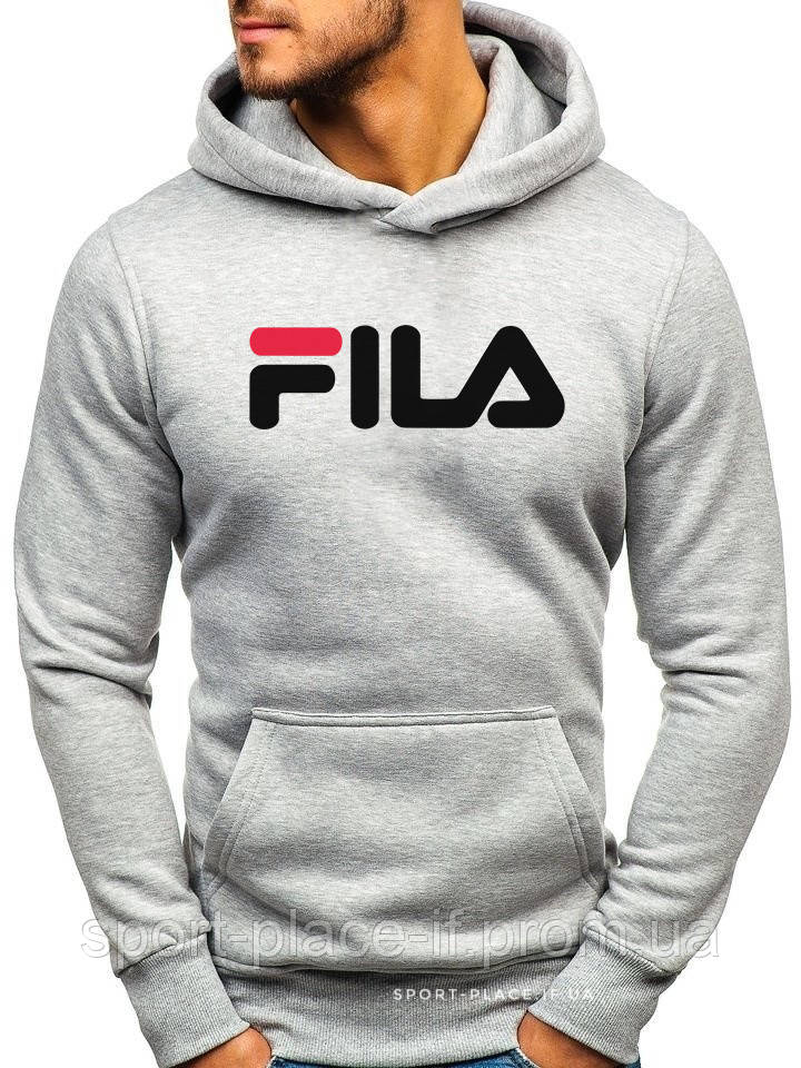 

Утепленная мужская толстовка Fila (Фила) ЗИМА светло серая с начесом (большая эмблема) кенгуру худи XL, 52, Серый