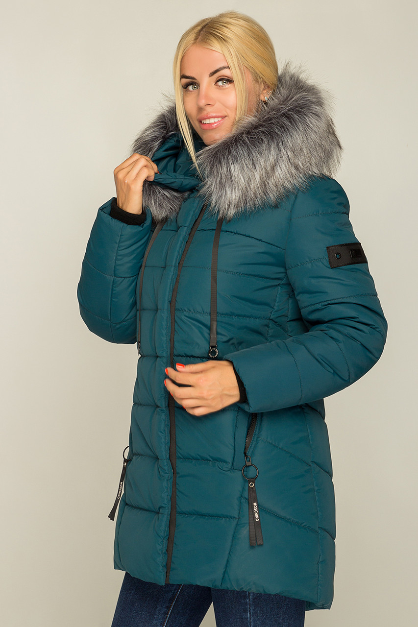 

Модная зимняя куртка Simona удлиненная с мехом 46-56 размера волна 50, Зелёный