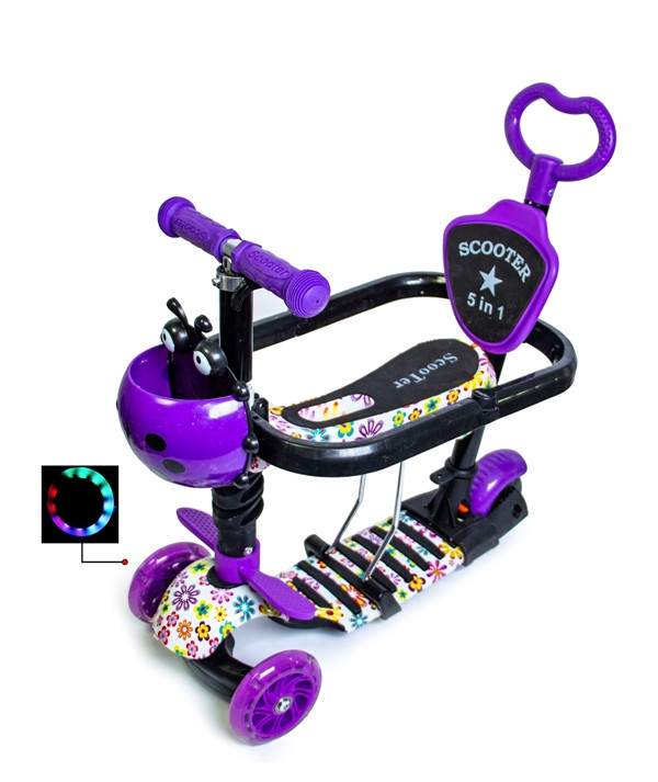 

Самокат детский Scale Sports Kinder с сиденьем и родительской ручкой Божья коровка Цветочки, 3d принт