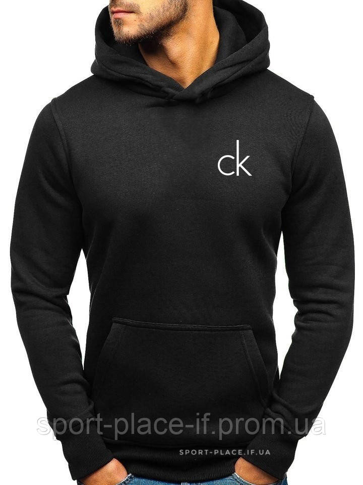 

Утепленная мужская толстовка Calvin Klein (Кельвин Кляйн) черная (ЗИМА) с начесом кенгуру худи XL, 52, Черный