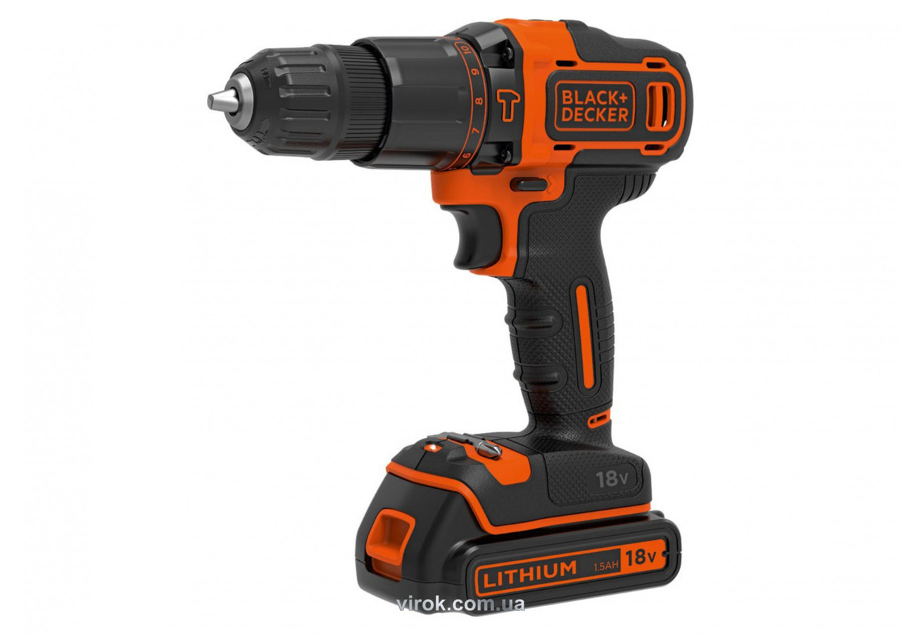 

Шуруповерт-дриль ударний акумуляторний Black+Decker Li-Ion 18 В 1.5 Агод 30 Нм + 2 акумулятори і кейс