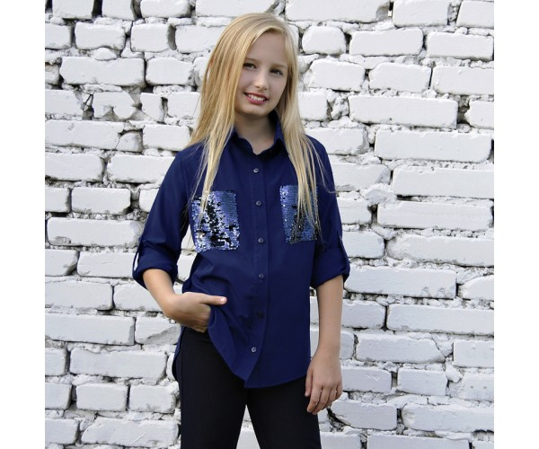 

Рубашка синяя школьная с карманом на груди на девочку-подростка рост 140-176 164, Синий