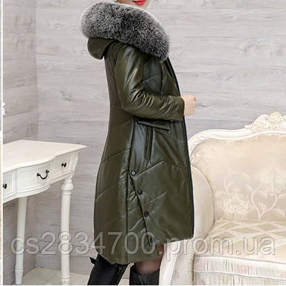 

Кожаный пуховик, эко-кожа с натуральным песцом, зимнее пальто из эко-кожи 3XL, Зеленый+серый воротник