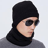 Теплый комплект: мужская зимняя черная шапка с мехом + снуд бафф хомут с меховой подкладкой, фото 5