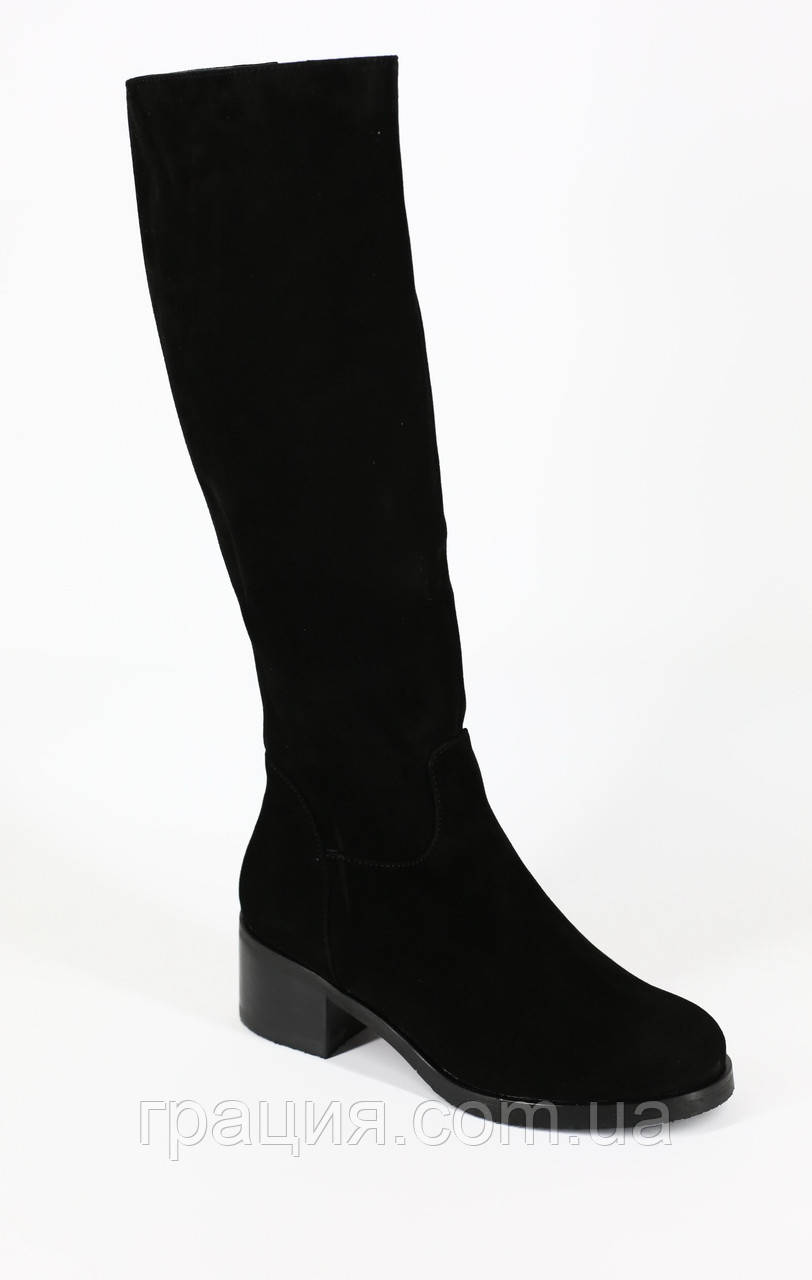 Модные замшевые зимние сапожки на небольшом каблуке 40, Черный