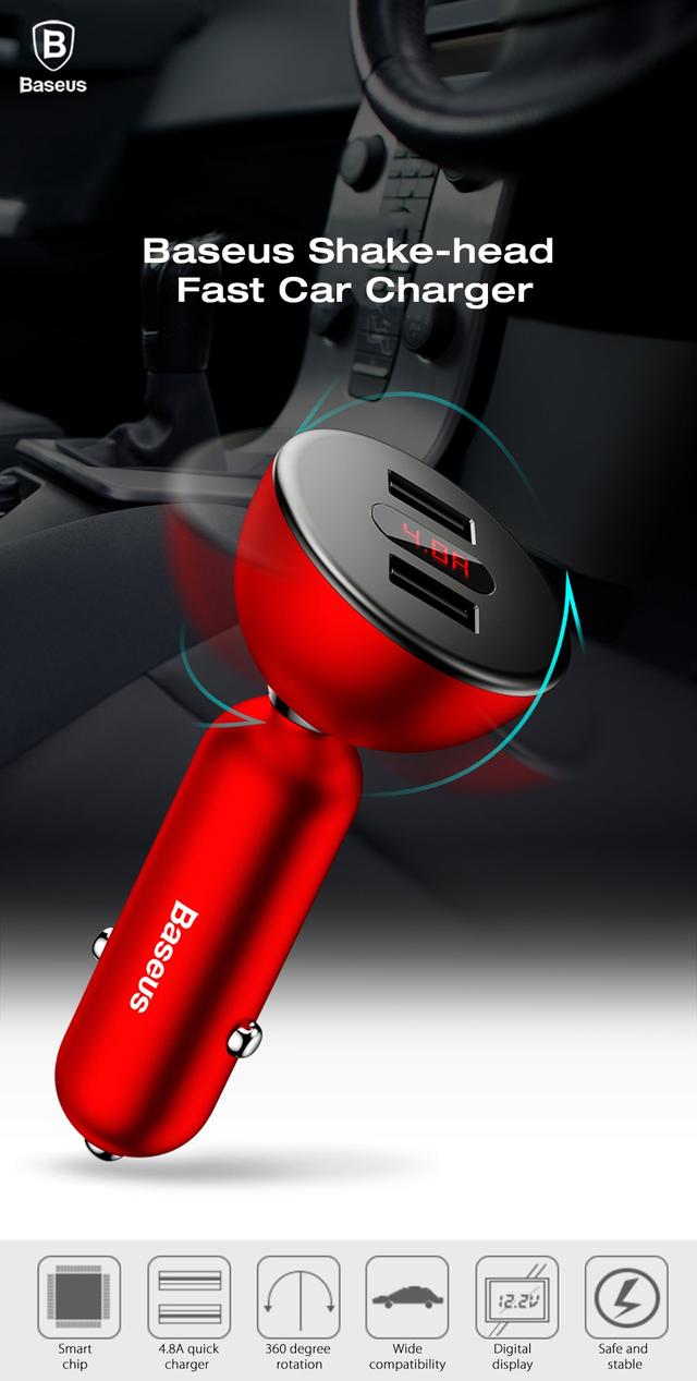 Автомобільний зарядний пристрій Baseus Shake-head 360°rotation 4.8 A з LED дисплеєм CCALL-YT01 (Чорне, два USB-порту)