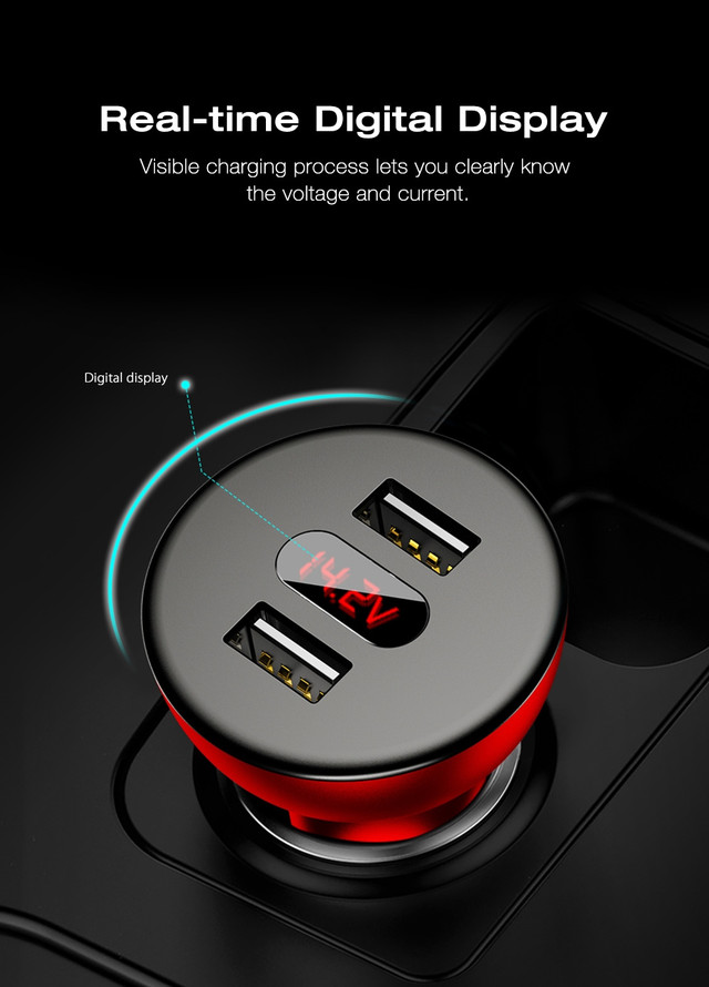 Автомобільний зарядний пристрій Baseus Shake-head 360°rotation 4.8 A з LED дисплеєм CCALL-YT01 (Чорне, два USB-порту)