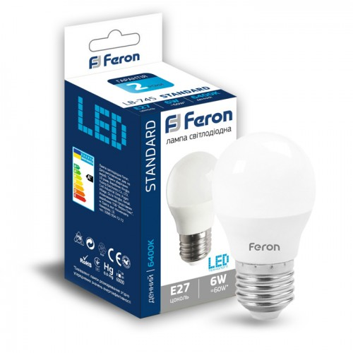 Светодиодная Лампа 6W Е27 шарик 6400K Feron LB-745