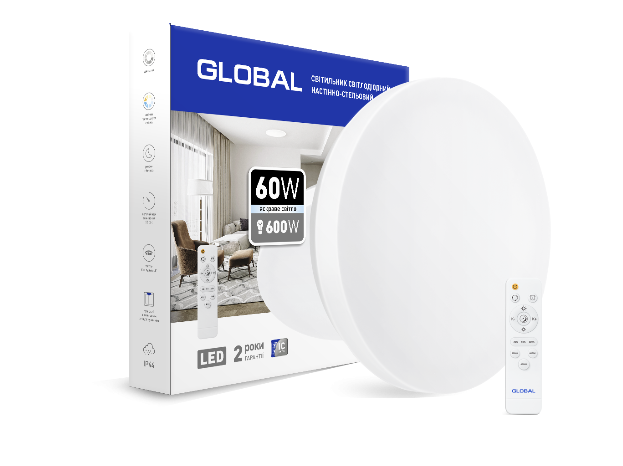 

Умный светильник Global 60W (пульт, димминг, ночник, CCT 3000-6500K, IP44) круг