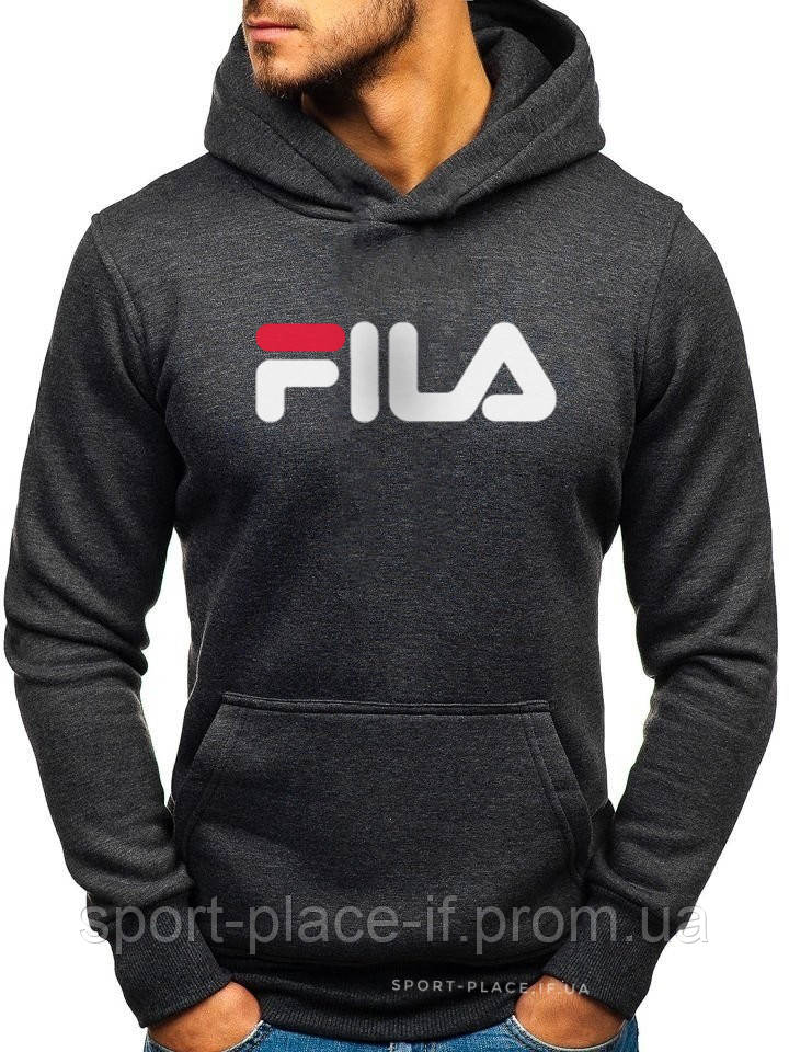 

Мужская толстовка Fila (Фила) темно серая (большая белая эмблема) кенгуру худи M, 48, Темно-серый