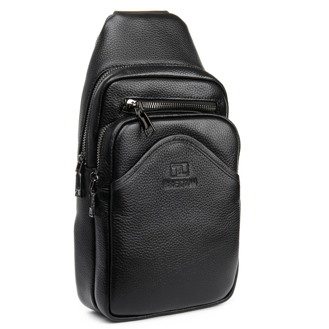 

Мужская кожаная сумка слинг мини-рюкзак через плечо BRETTON BE 7936-42 бананка черная, Черный