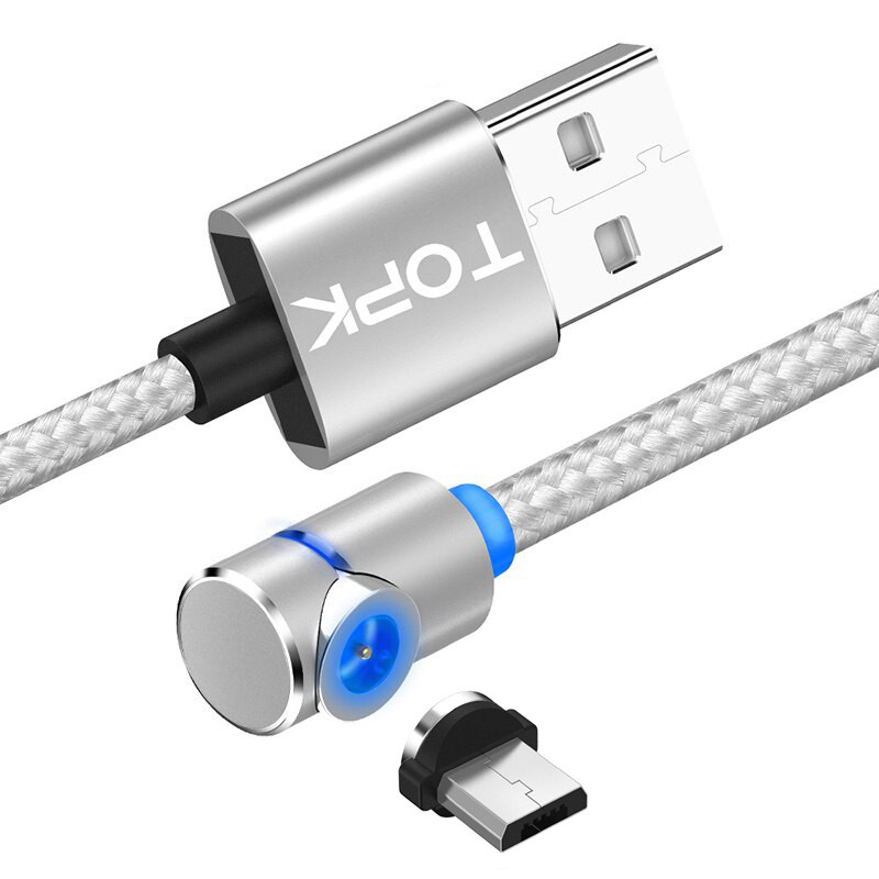 Магнитный кабель Угловой  TOPK 1 метр ПОВОРОТ 90° USB 2.0 для зарядки AM51. Miсro USB (СЕРЫЙ)