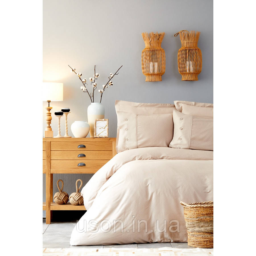 

Комплект постельного белья сатин Karaca Home евро размер Infinity bej (простынь на резинке), Бежевый