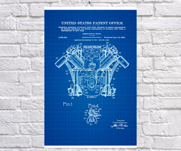 

Постер BEGEMOT Патент-чертеж Авиационный двигатель Curtiss 1920г 40x61 см Синий (1120261)