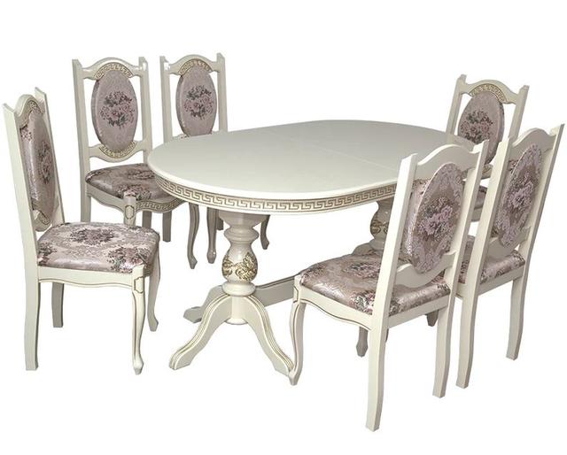 Комплект обеденный стол Вильнев-2 с резьбой+стулья Алера Люкс (6 шт) слоновая кость