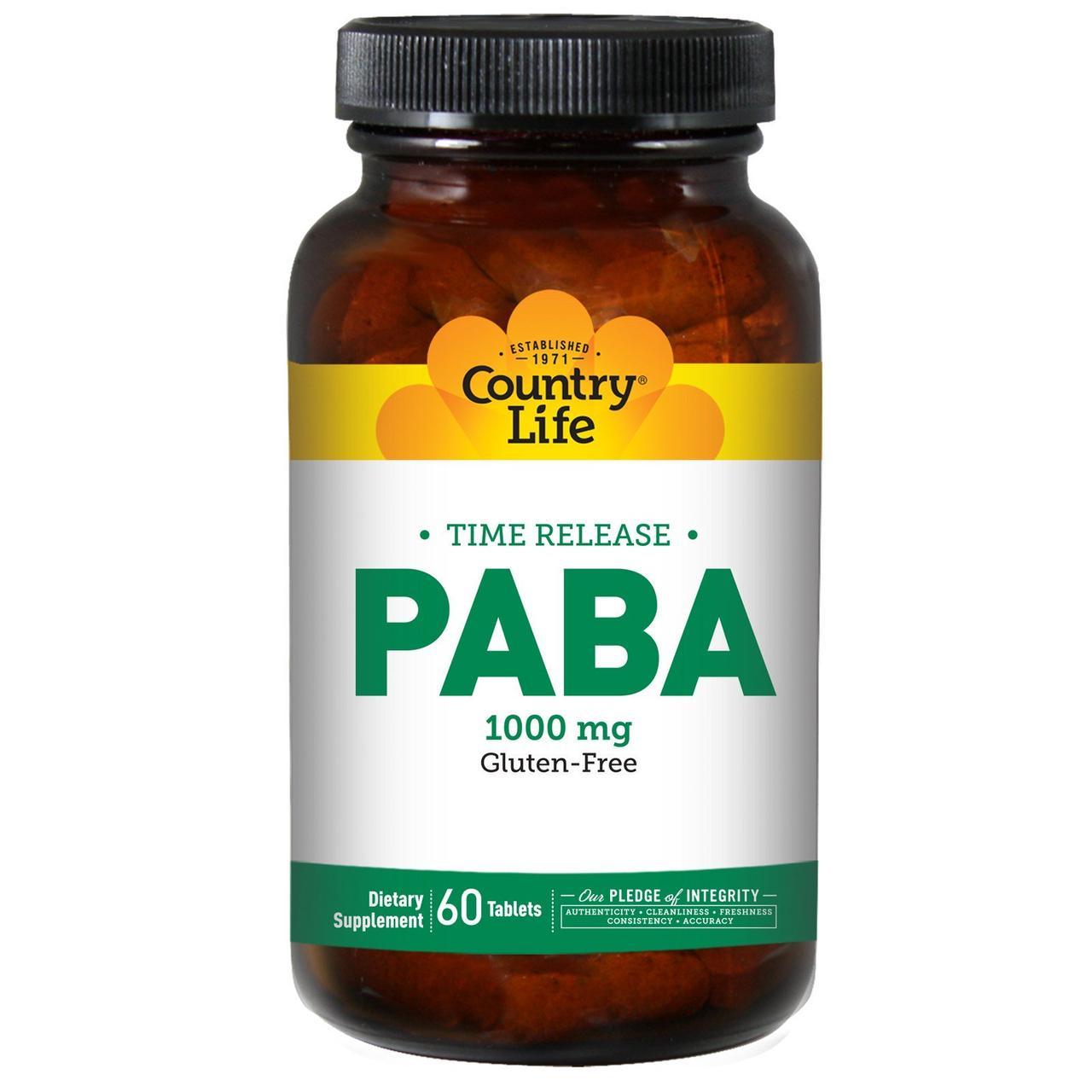 

Country Life, PABA, Постепенное высвобождение, 1000 мг, 60 таблеток