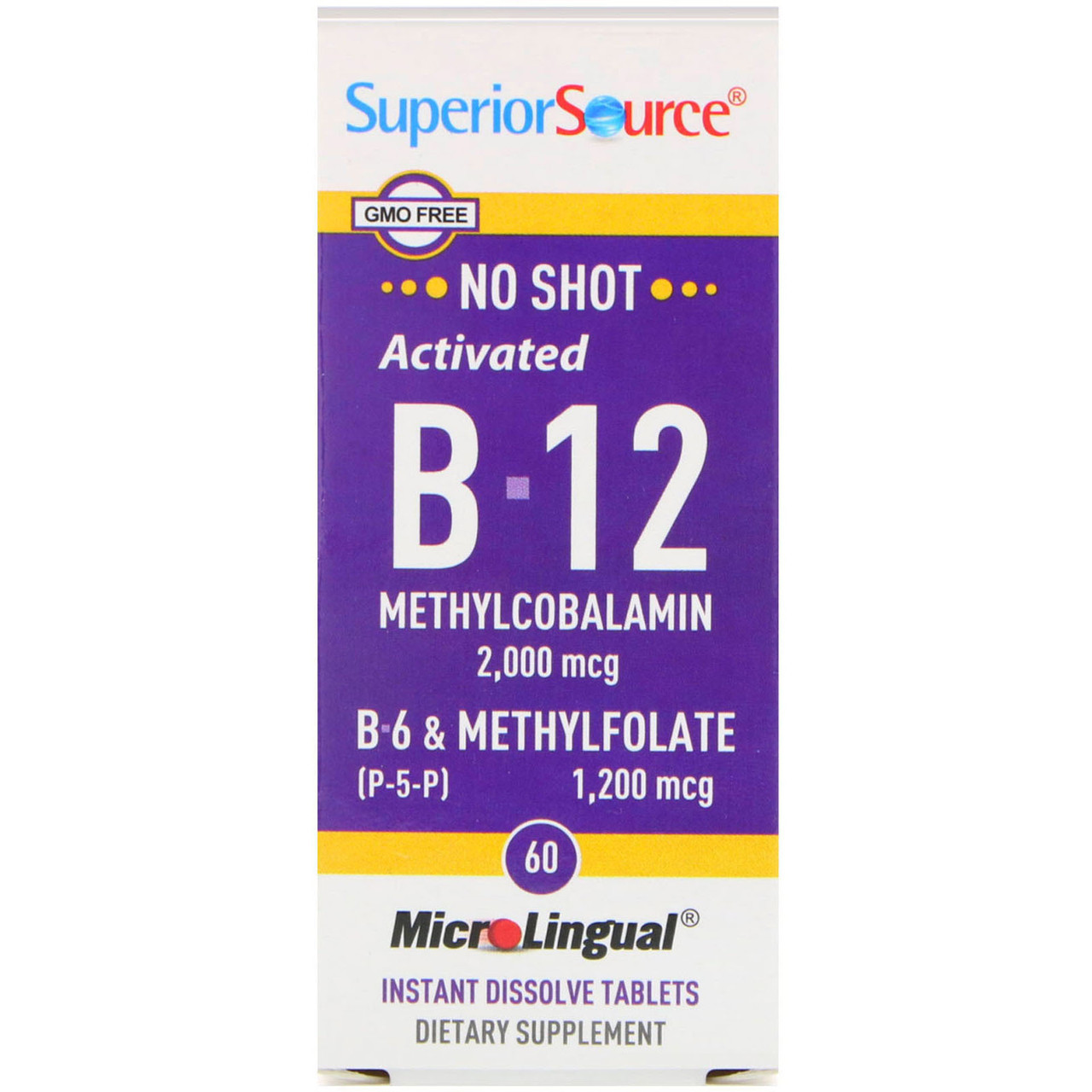 

Superior Source, Acitivated B-12 Methylcobalamin 2,000 mcg, B-6 (P-5-P) & Methylfolate 1,200 mcg, 60 Instant Dissolve Tablets