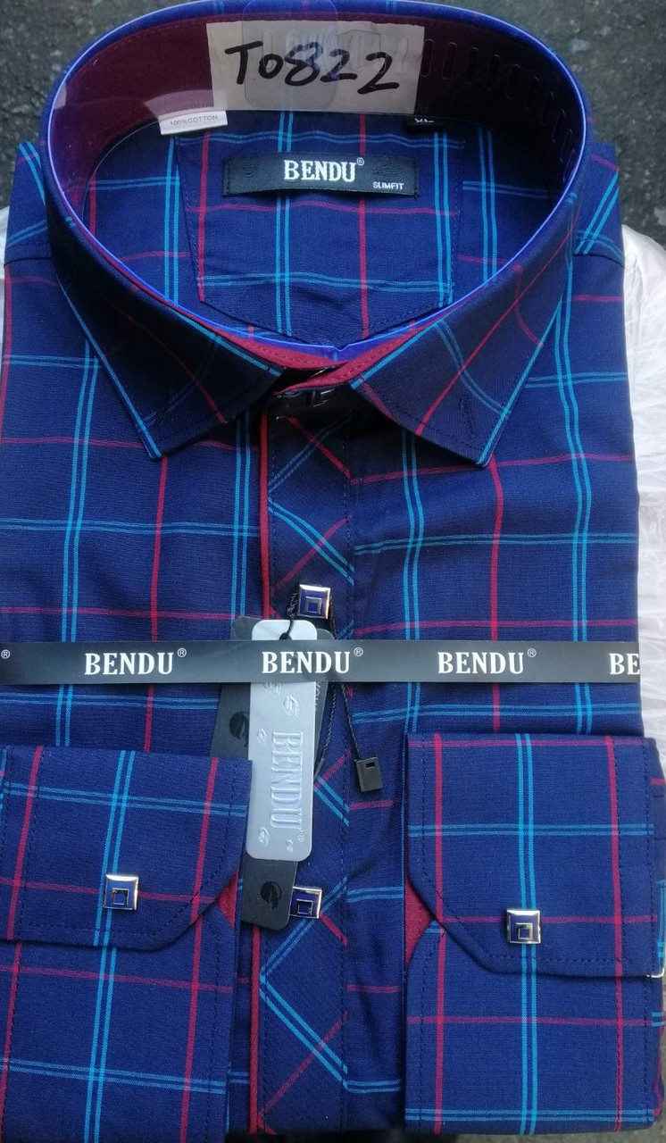 Приталенная молодежная рубашка в клетку BENDU Синяя (размеры S, L, XXL)