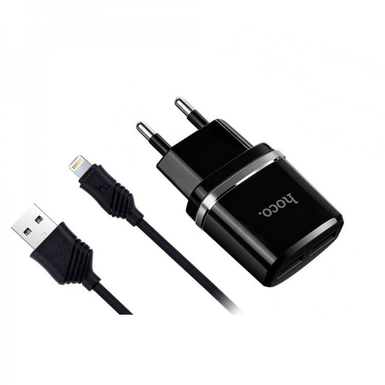 

Сетевое зарядное устройство Hoco C12 2USB 2.4A + Кабель Lightning Black, Черный