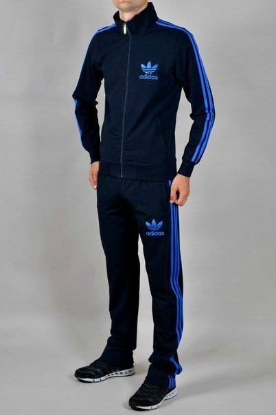 Спортивний костюм Адідас, чоловічий костюм Adidas, чорний костюм, з синіми лампасами, трикотажний