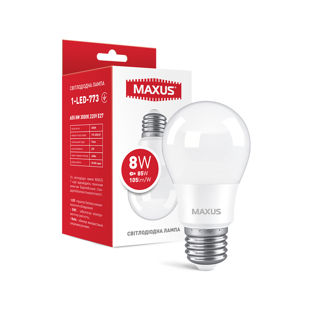 Светодиодная Лампа 8W 3000K E27 A55 MAXUS 800lm