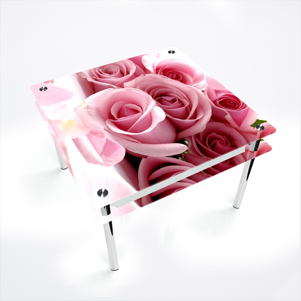 

Стол обеденный на хромированных ножках Квадратный с проходящей полкой Pink Roses 700х700 *Эко, Фотопечать