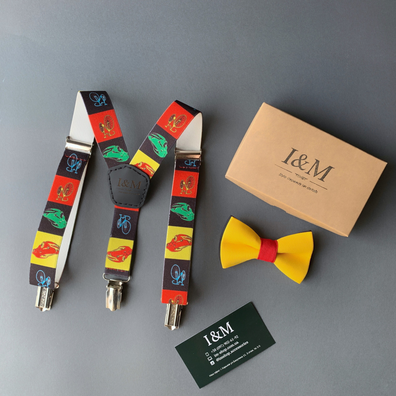 Набор детский  I&M Craft галстук-бабочка и подтяжки для брюк цветные с принтом (030334K)