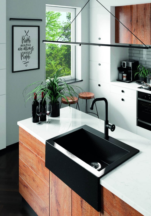 Кухонная мойка накладная гранитная 490 мм х 635 мм х 220 мм (черный .