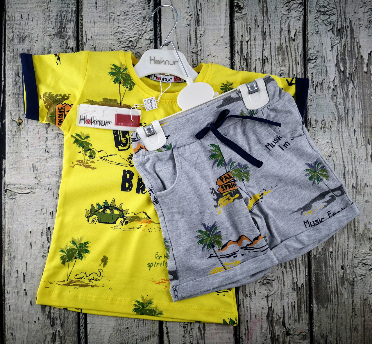 

Комплект для мальчика: Футболка + шорты, желтый, серый коттон Турция 104, Для мальчиков, Лето