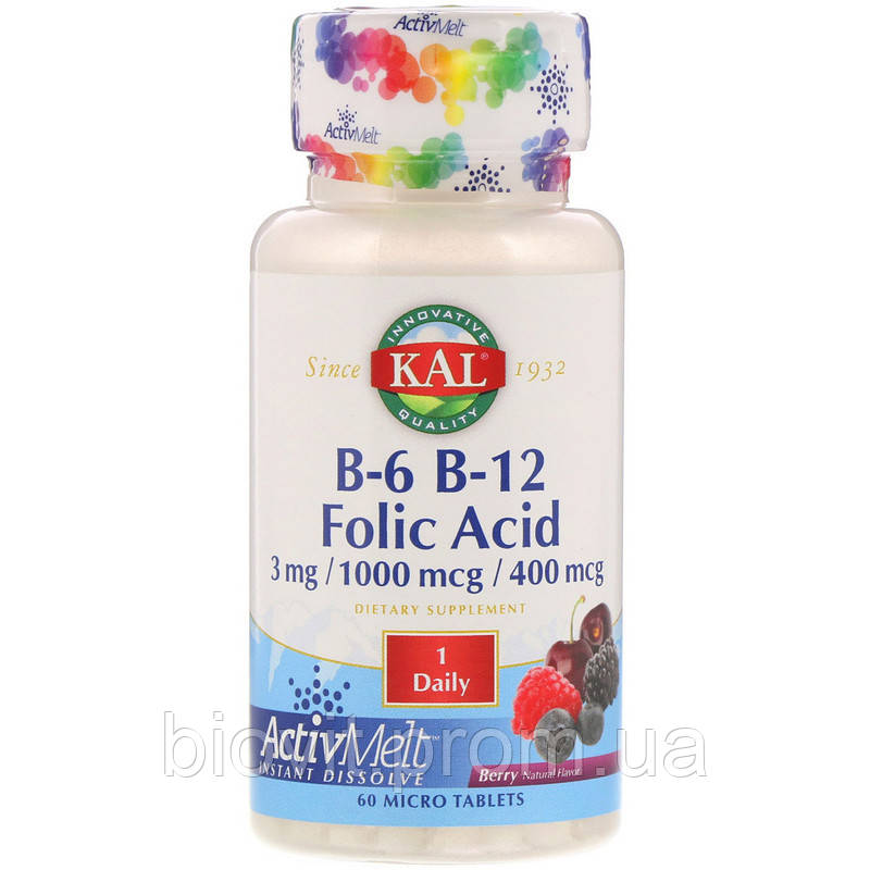 

Витамины B-6 B-12 фолиевая кислота (B-6 B-12 Folic Acid) 3 мг/400 мкг/1000 мкг 60 таблеток со вкусом ягод