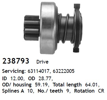 

Бендикс стартера 238793 Ghibaudi Mario 6000 Marelli 63114017 63222005 BMW 3.0 D