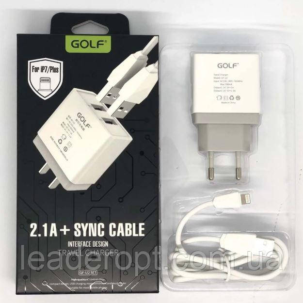 [ОПТ] Сетевой адаптер зарядное устройство Golf GF-U2 2 USB с кабелем Lightning iPhone 2.1A 220V