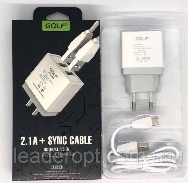 [ОПТ] Сетевой адаптер зарядное устройство Golf GF-U2 2 USB с кабелем Type C 2.1A 220V