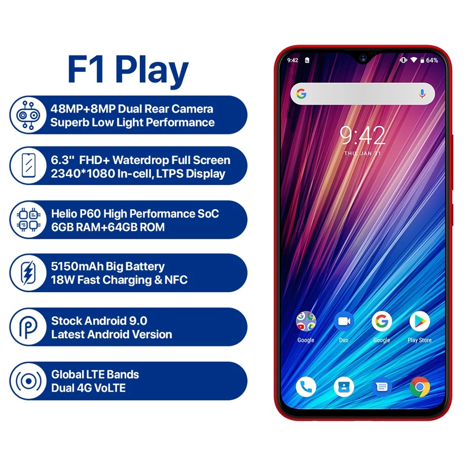 

Umidigi F1 Play 6/64gb, NFC 5150 mAh black CDMA global version