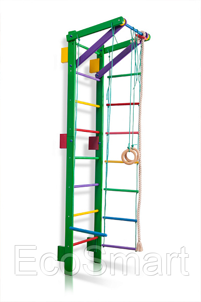 

Детская Шведская стенка - цветной спортивный уголок: кольца, канат, турник, лестница 55х220 см зеленый T2-220