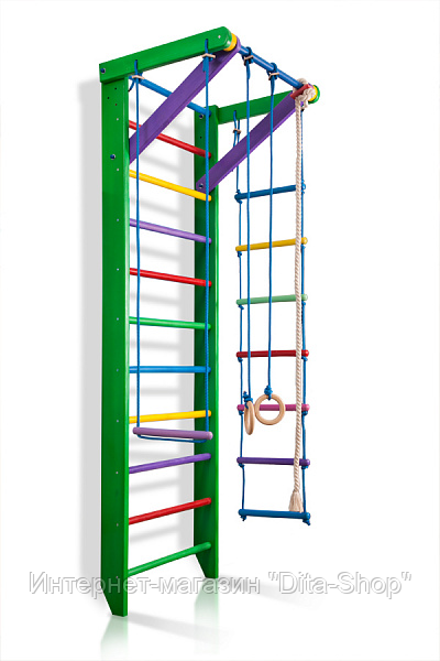 

Детская Шведская стенка - цветной спортивный уголок: кольца, канат, турник, лестница 80х240 см зеленый РГ2-240