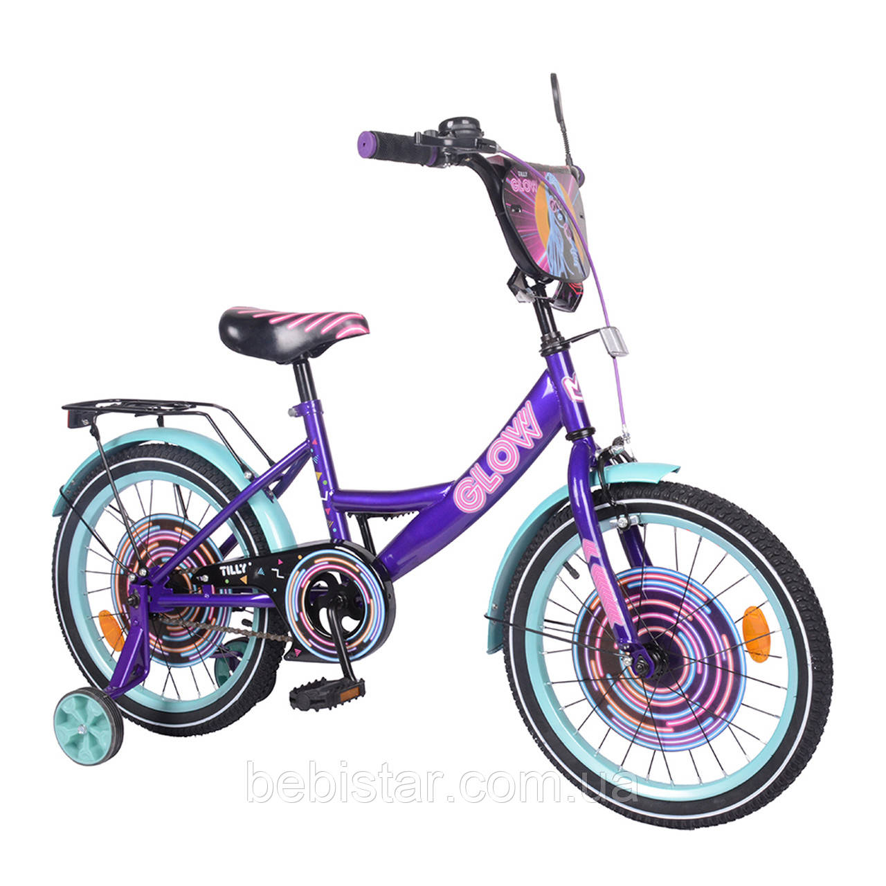 Детский двухколесный велосипед фиолетовый и бирюзовый обод TILLY Glow 18" для деток 5-7 лет