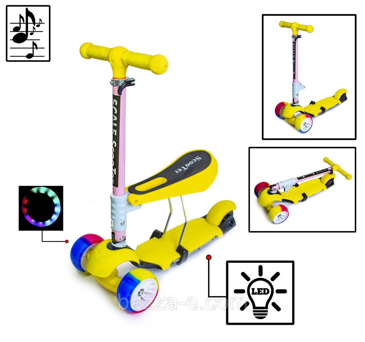 

Самока Scooter 3in1.Yellow. Складная ручка! Cо светом и музыкой! Смарт-колеса