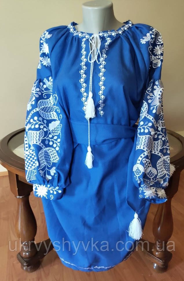 Плаття з вишивкою "Бонжур" синє: жіночі вишиванки, чоловічі вишиті сорочки,  вишиванки для сім`ї, комплекти вишивонок, вишиті костюми, дитячі вишиванки
