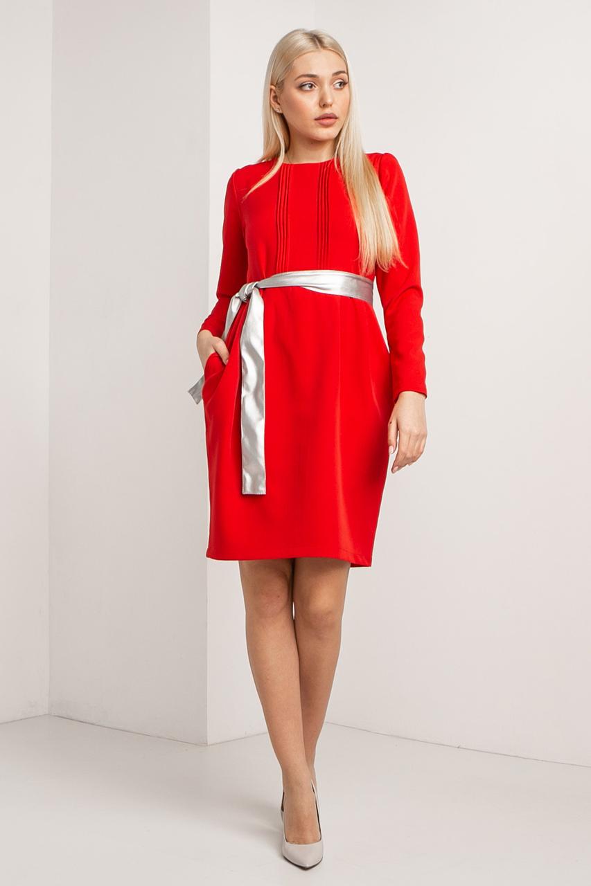 

Деловое красное платье STEFA до колен с длинными рукавами и поясом 4xl