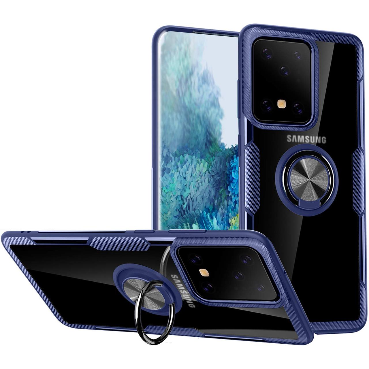 

TPU+PC чехол Deen CrystalRing под магнитный держатель для Samsung Galaxy S20 Ultra, Бесцветный / синий