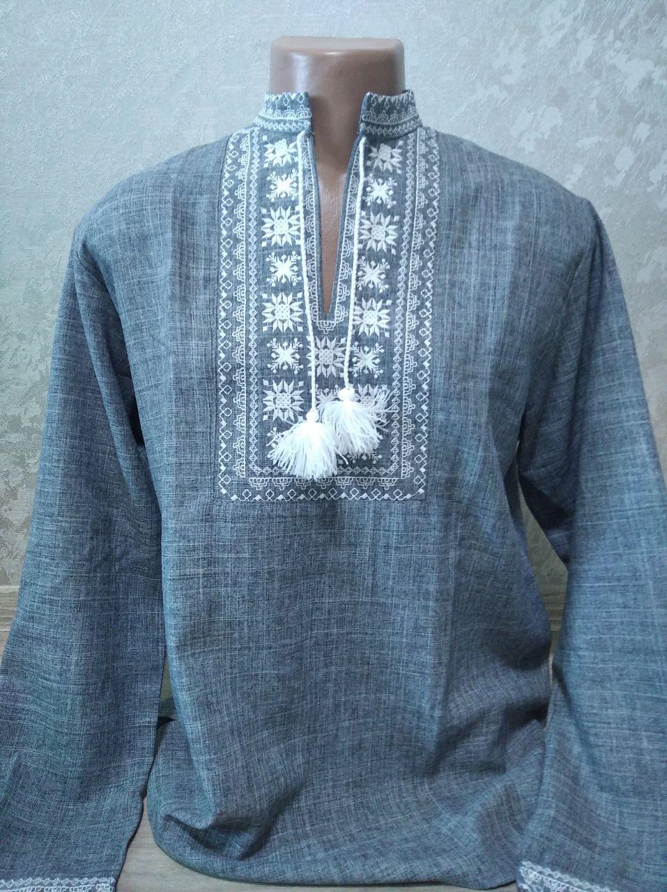 Мужская вышиванка серая с белой вышивкой - размер M (46)