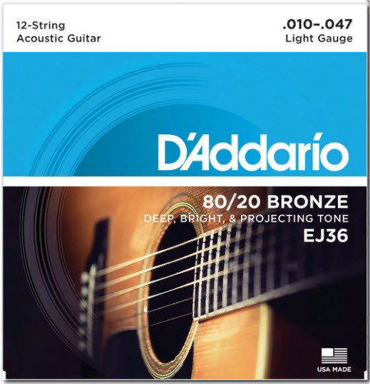 

D`ADDARIO EJ36 80/20 BRONZE LIGHT 12-STRING 10-47 Струны для 12-струнной акустической гитары