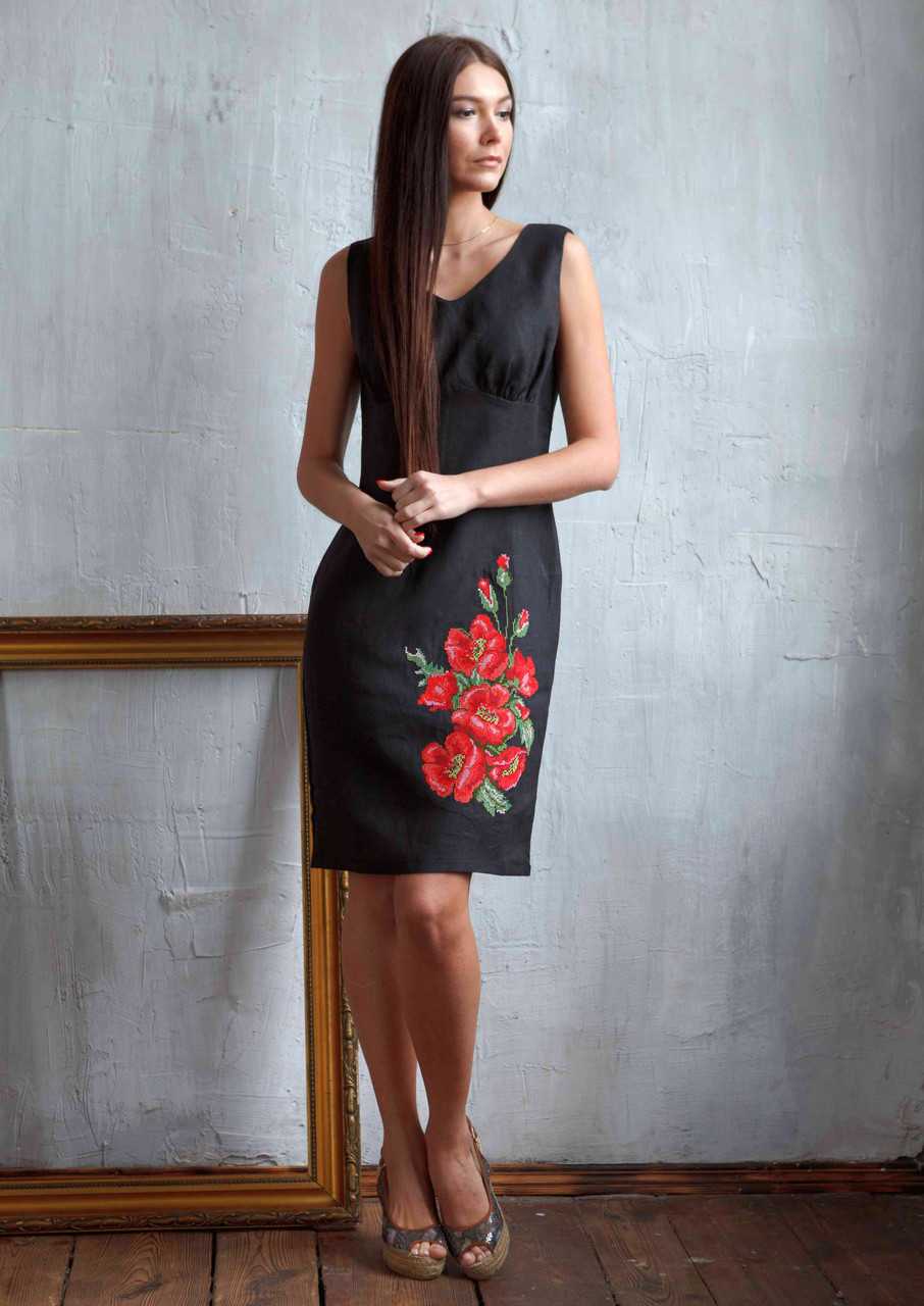 

Платье-вышиванка из льна Маки (XS-2XL в расцветках) S, черный