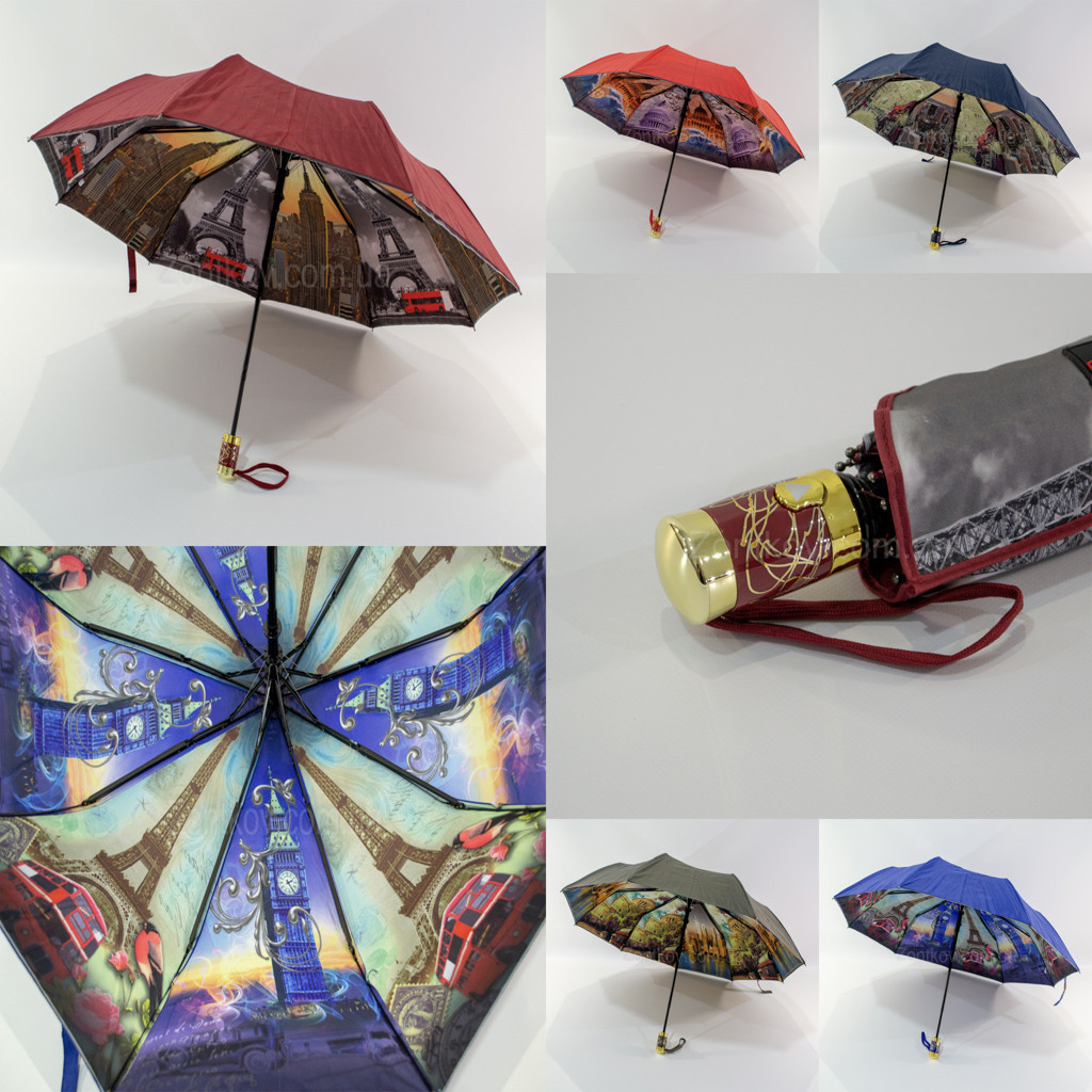 Складной женский зонтик оптом с двойной тканью и городом изнутри