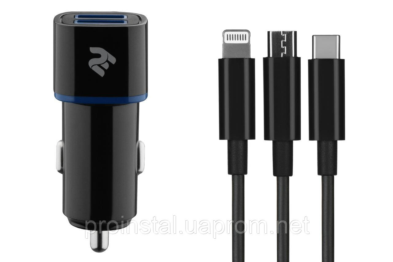 

Набор Автомобильное ЗУ 2Е Dual USB 2.4A + кабель 3в1 Lightning/microUSB/Type-C, black, Черный