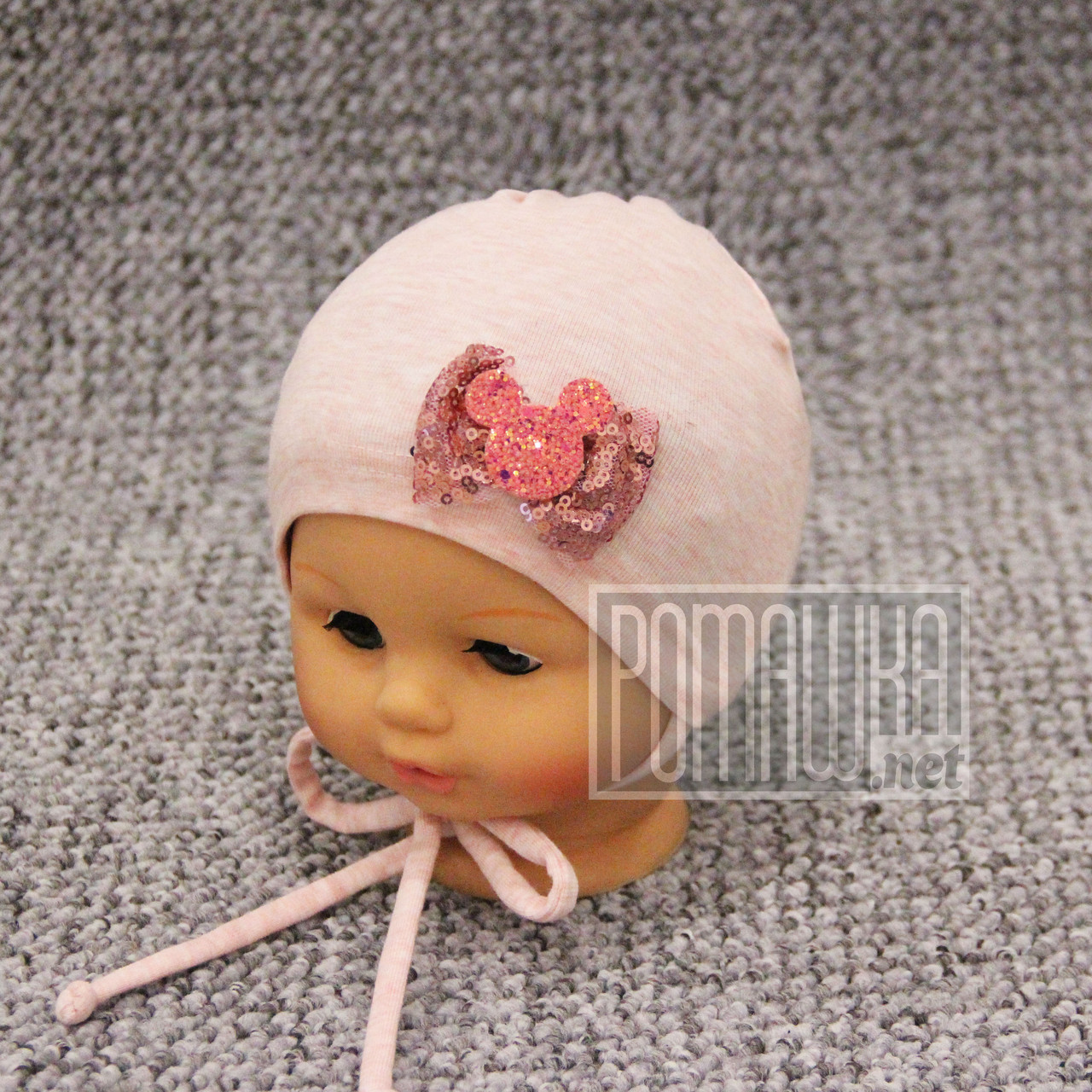 

Однослойная р 42-46 6-12 мес трикотажная детская шапочка для малышей девочки на завязках весна 4406 Розовый 44