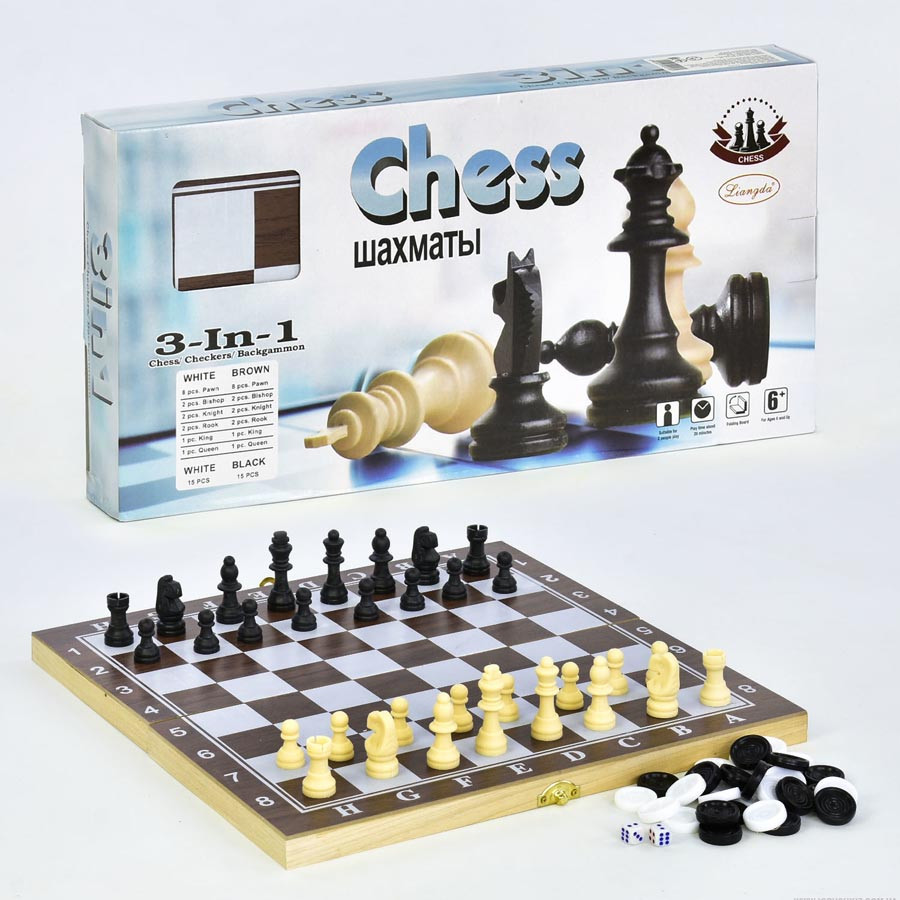 Шахматы 3 в 1 средние в коробке деревянные F22016